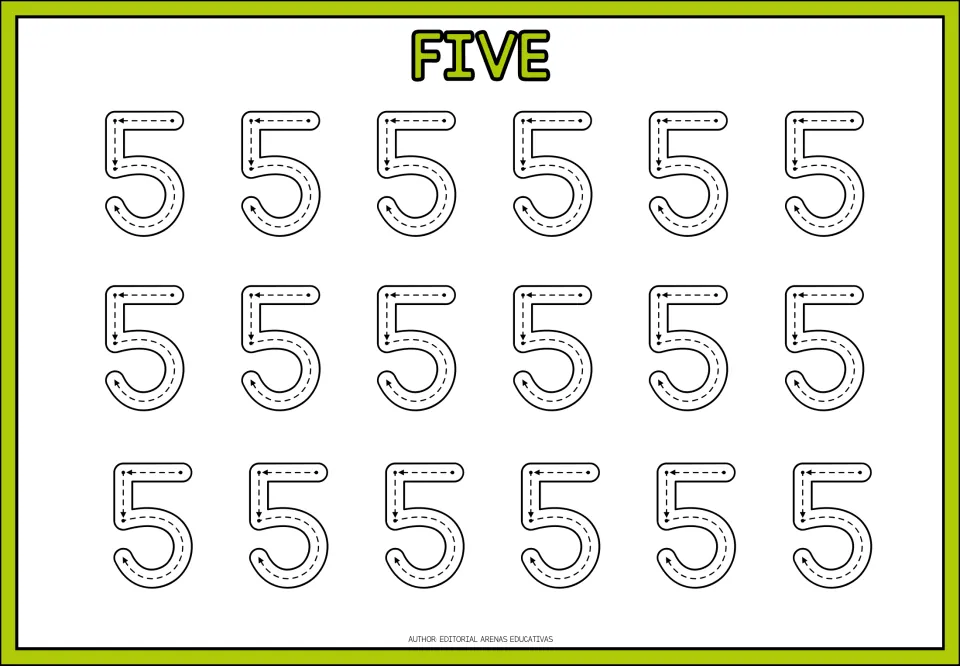 Number 5 tracing, headed FIVE: students trace 18 dashed 5s, following arrows for the top bar, the short down stroke and belly