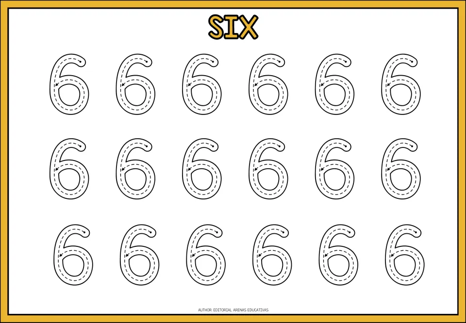 Number 6 tracing, headed SIX: students trace 18 dashed 6s, following the arrow from the top curve down into the closed loop