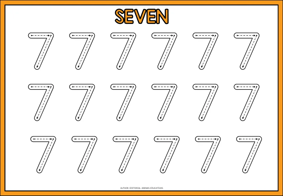 Number 7 tracing, headed SEVEN: students trace 18 dashed 7s, following arrows across the top bar and down the long slant