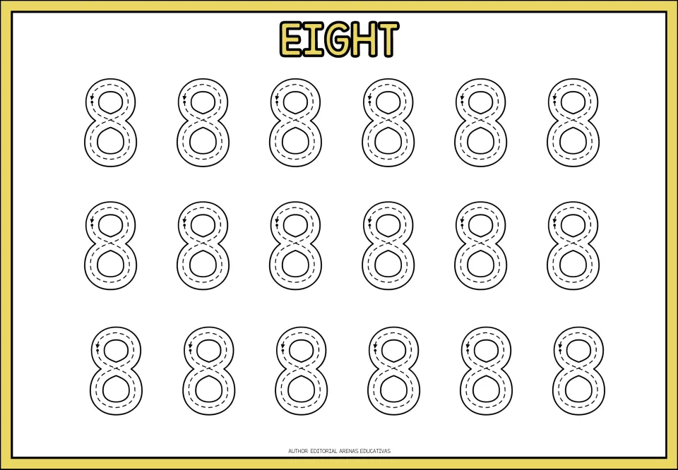 Number 8 tracing, headed EIGHT: students trace 18 dashed 8s, following the arrow through the S-curve and back to the start