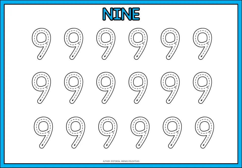 Number 9 tracing, headed NINE: students trace 18 dashed 9s, following arrows around the top loop and down the straight tail