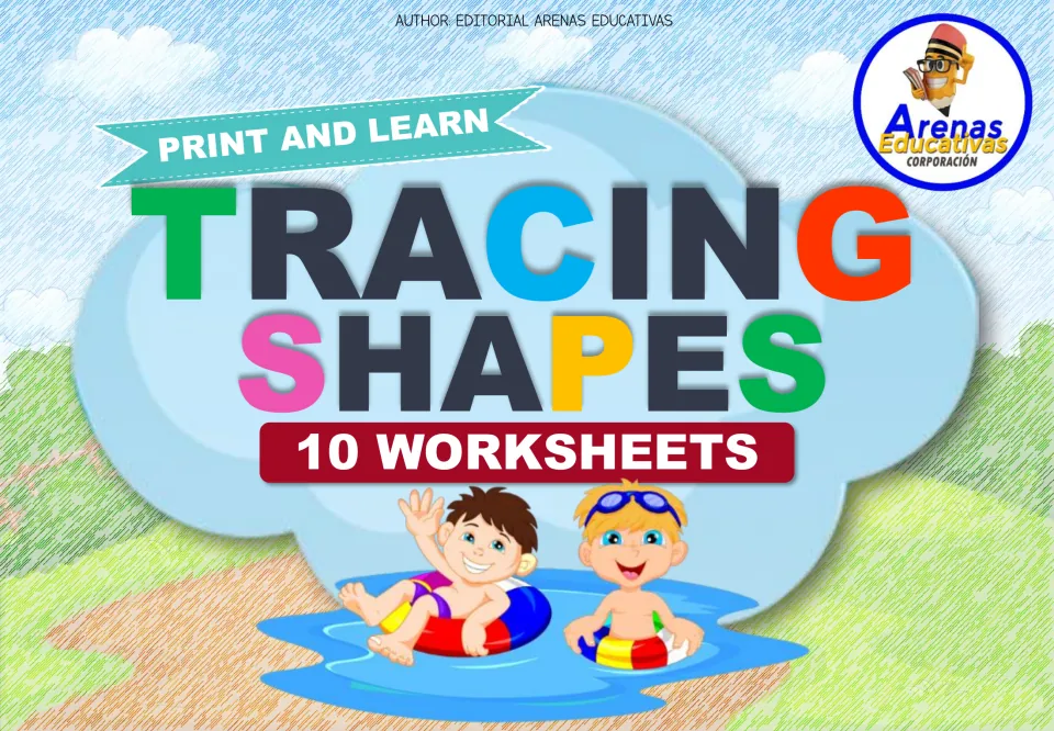 Tracing Shapes cover: Print and Learn set of 10 worksheets from Arenas Educativas, with two cartoon boys in a pool