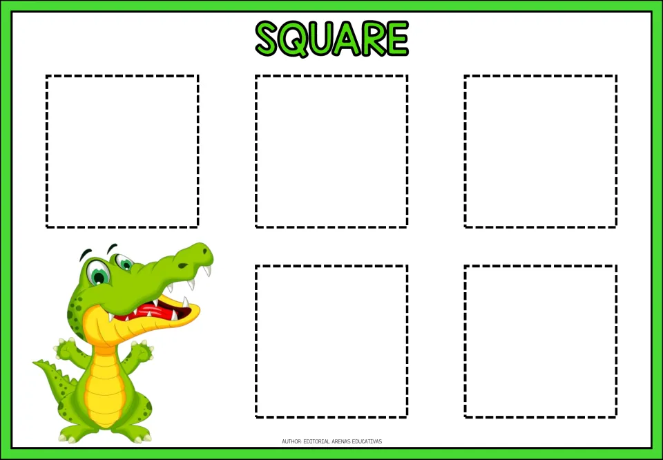 Square: students trace five dashed squares to practise drawing straight sides and corners, beside a smiling crocodile