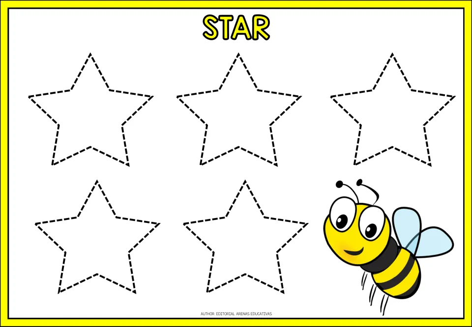 Star: students trace five dashed five-pointed stars, practising pencil control on points and angles, next to a bee
