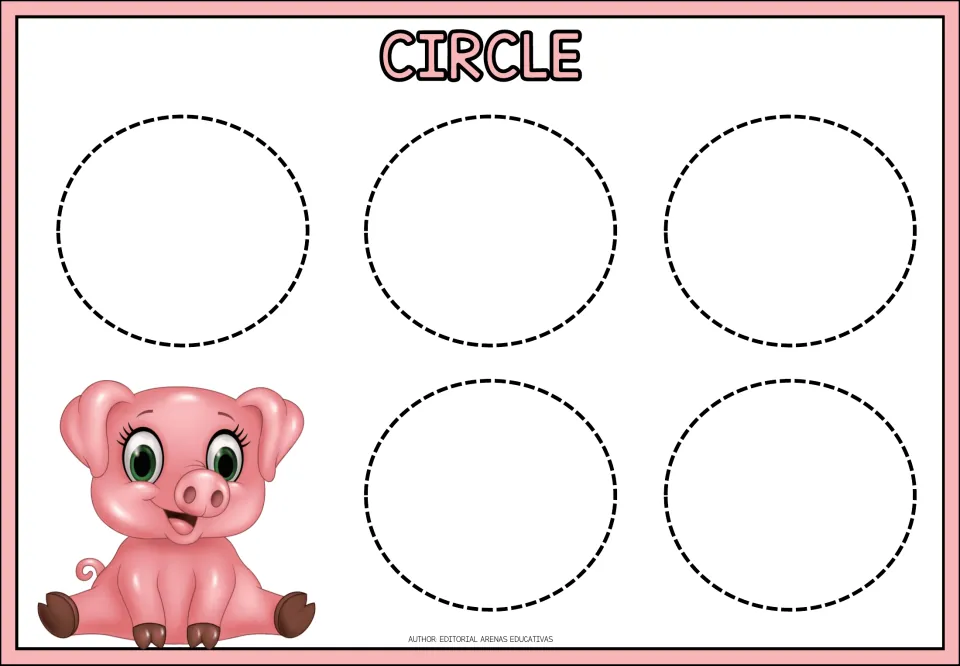 Circle: students trace five dashed circles to practise smooth curved strokes, with a cartoon pink pig in the corner