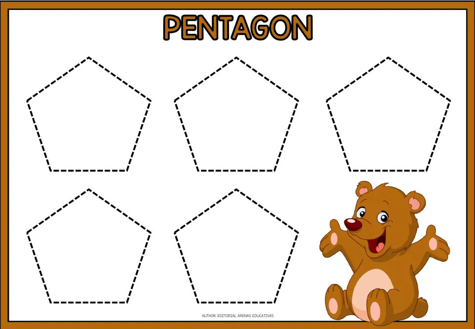 Pentagon: students trace five dashed five-sided pentagons to practise shape formation, beside a happy brown bear