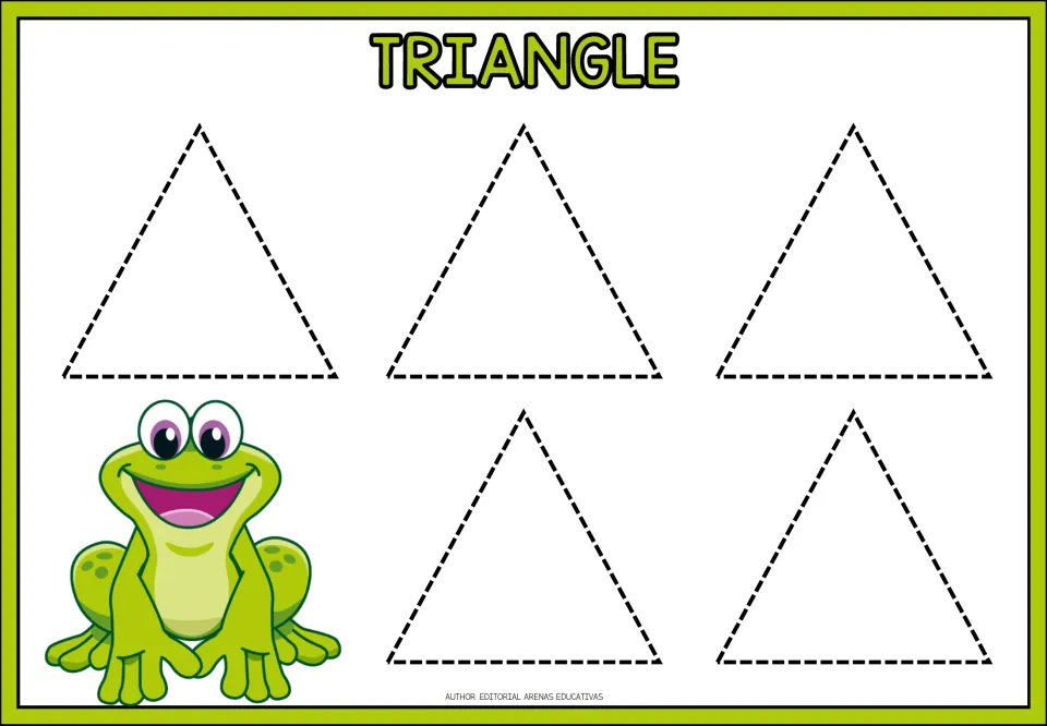 Triangle: students trace five dashed triangles, practising diagonal strokes and three corners, with a smiling frog