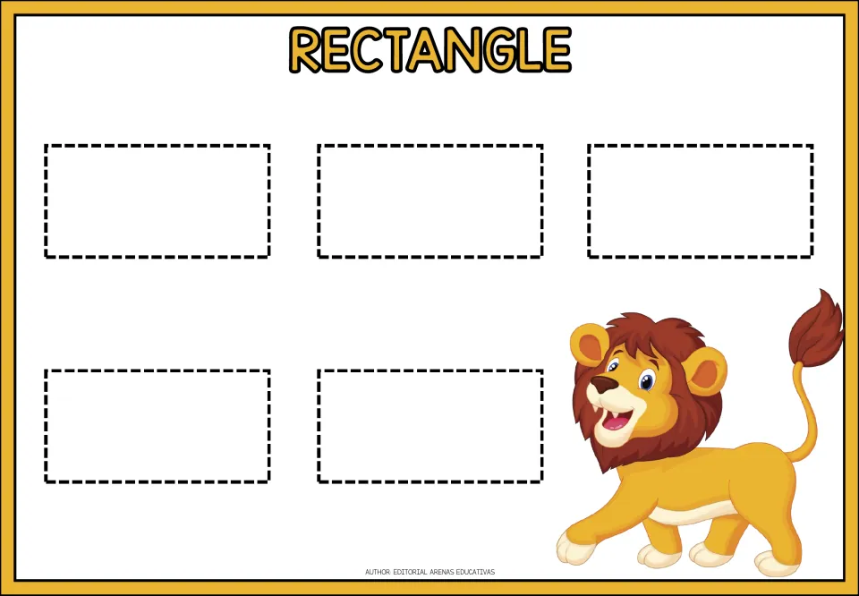 Rectangle: students trace five dashed rectangles to practise long and short straight sides, next to a walking lion
