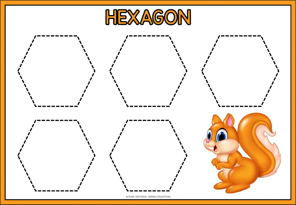 Hexagon: students trace five dashed six-sided hexagons, practising angled strokes at each corner, beside a squirrel
