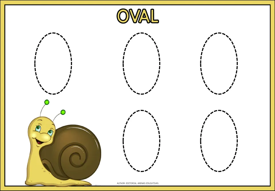 Oval: students trace five dashed upright ovals to practise long, narrow curved strokes, with a smiling cartoon snail