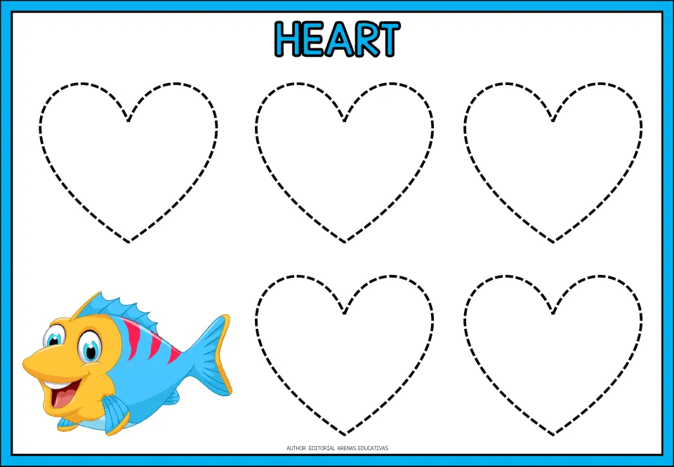 Heart: students trace five dashed hearts, practising curves that meet at a point, beside a smiling blue and yellow fish