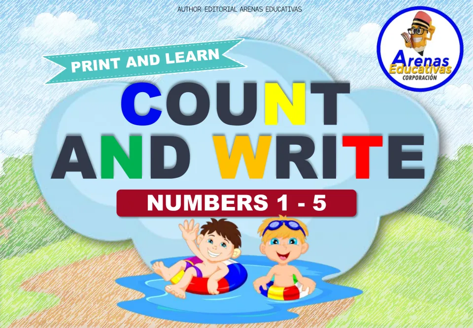 Count and Write Numbers 1 - 5 cover: Print and Learn title with two cartoon children floating in a pool