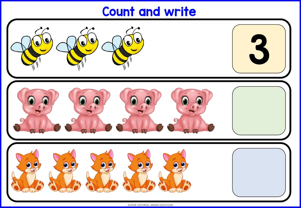 Counting to 5: students count 3 bees (done as the example), 4 pigs and 5 kittens and write each number
