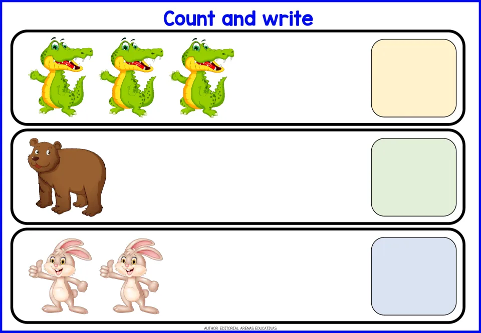 Counting 1 to 3: students count 3 crocodiles, 1 bear and 2 bunnies and write the total for each row