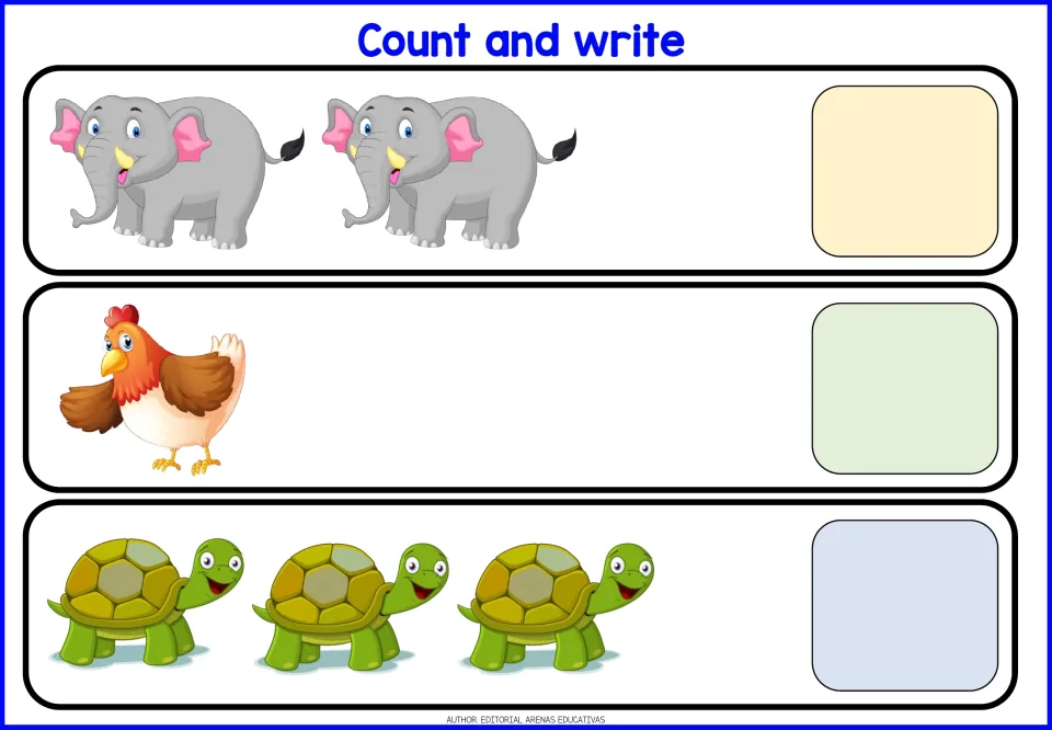 Counting animals: students count 2 elephants, 1 hen and 3 turtles, then write each number in its space