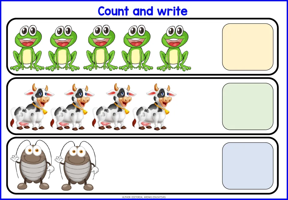 Counting to 5: students count 5 frogs, 4 cows and 2 cockroaches and write how many are in each row