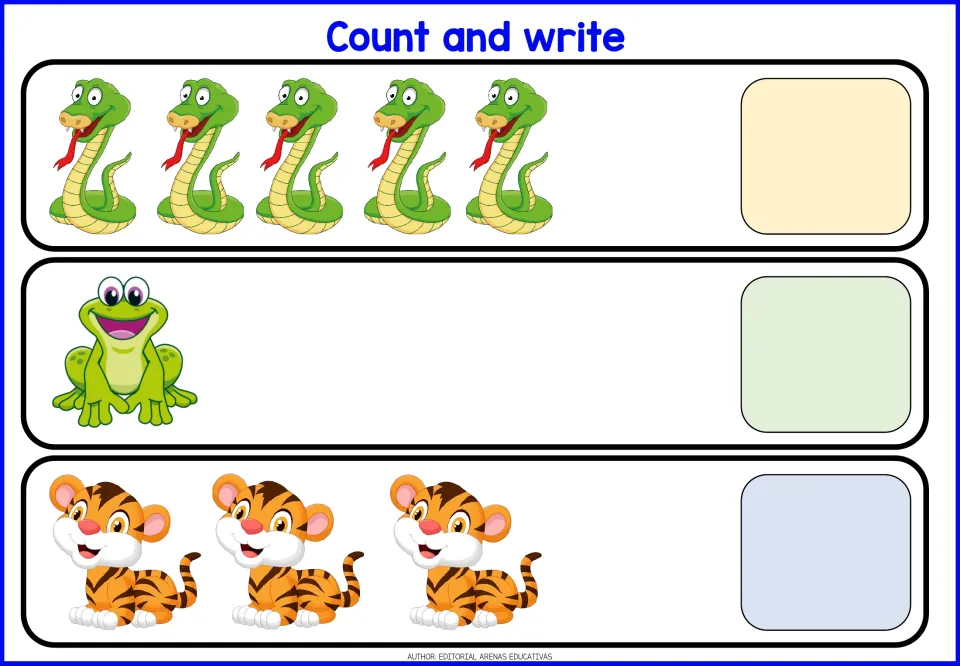Counting animals to 5: students count 5 snakes, 1 frog and 3 tiger cubs and write the matching number