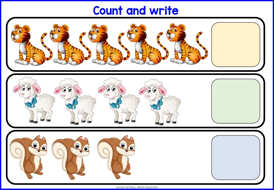 Count and write: students count 5 tigers, 4 lambs with blue bows and 3 squirrels, recording each total