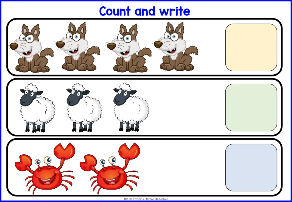 Counting and writing numbers: students count 4 wolves, 3 sheep and 2 crabs and write each quantity