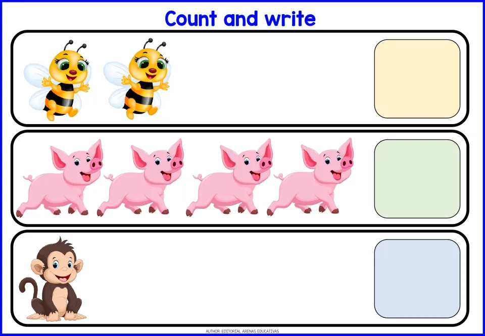 Number writing 1 to 4: students count 2 bees, 4 pigs and 1 monkey, then write the number for each row