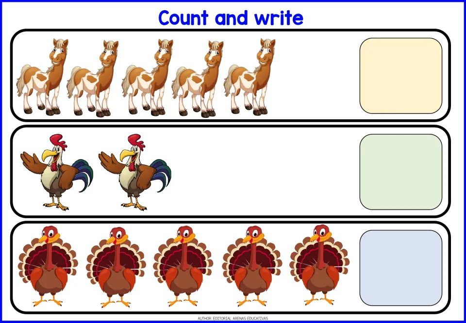 Farm animal counting: students count 5 horses, 2 roosters and 5 turkeys and write how many of each