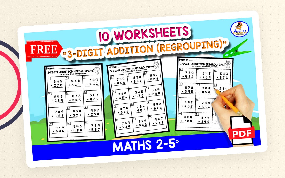3-Digit Addition with Regrouping – 10 Practice Worksheets teaching resource preview