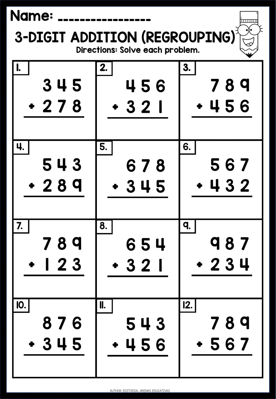 Carrying in column addition: students solve 12 three-digit problems, from 345 + 278 through 789 + 567