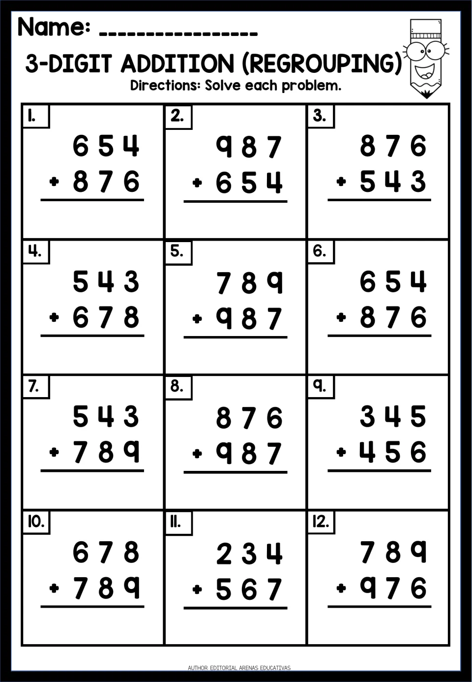 Regrouping practice: 12 three-digit vertical addition problems from 654 + 876 to 789 + 976, carrying into thousands