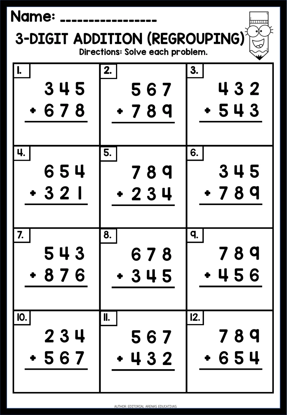 Adding 3-digit numbers with regrouping: 12 vertical problems, first 345 + 678 and last 789 + 654, to solve and record