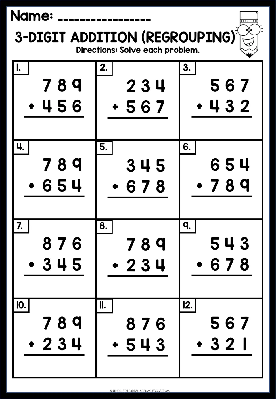 Regrouping in addition: 12 vertical 3-digit problems to solve, beginning 789 + 456 and 234 + 567, ending 567 + 321
