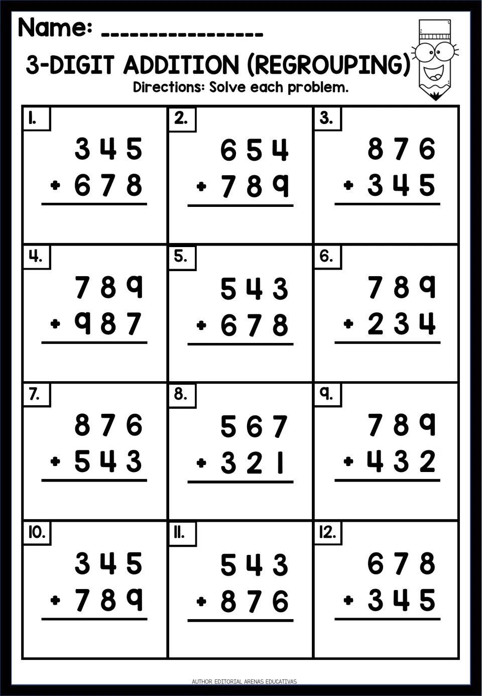 Carrying practice: students solve 12 three-digit vertical sums, including 789 + 987, 543 + 678 and 678 + 345