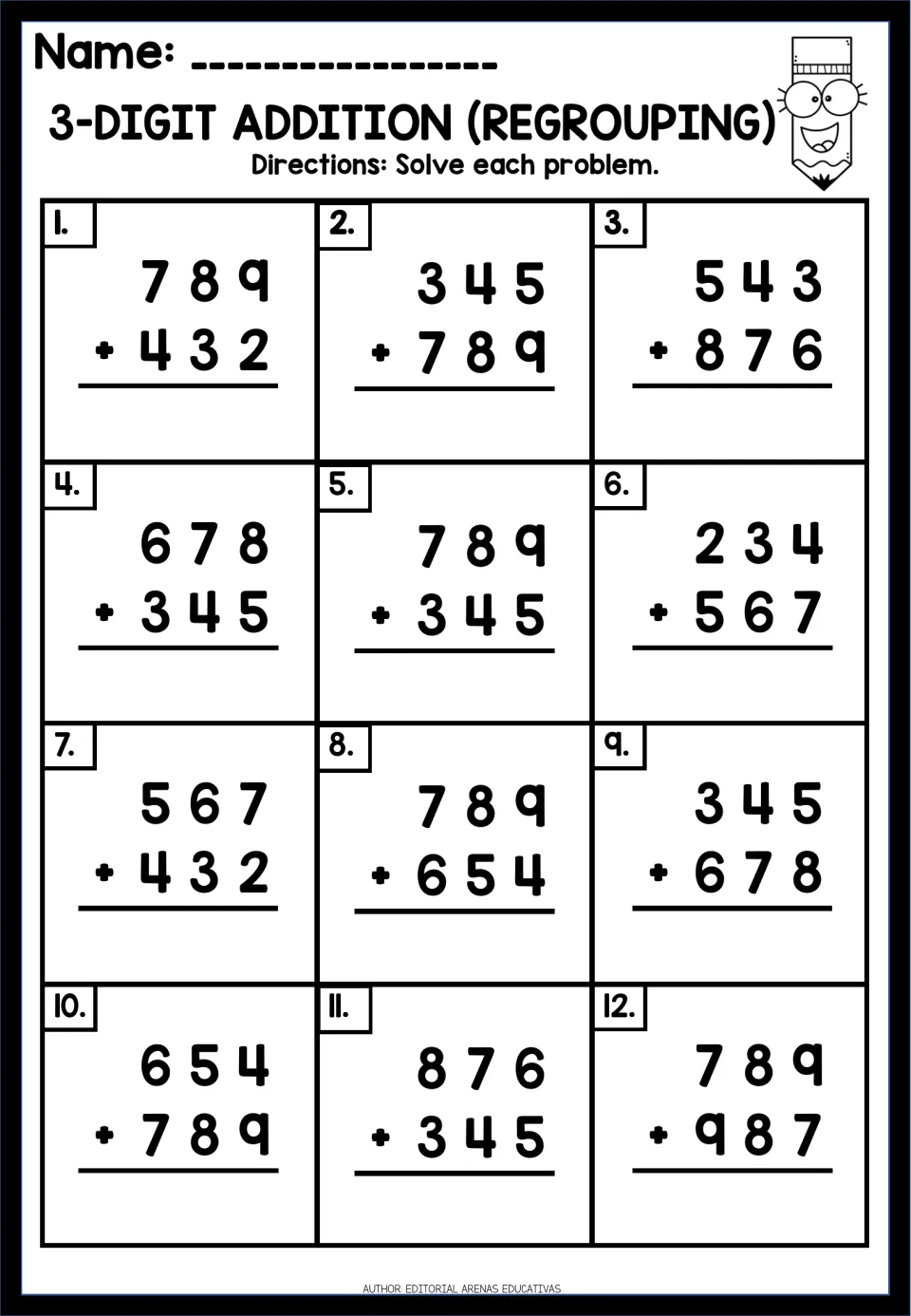 Addition with regrouping: students work 12 three-digit vertical sums, among them 678 + 345, 789 + 345 and 234 + 567