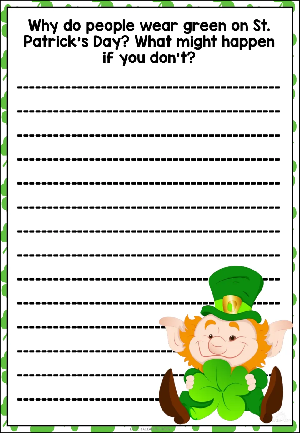 Wearing green prompt: students explain why people wear green on the holiday and predict what might happen if they don't