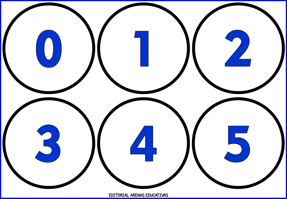 Number flashcard sheet 1 of 9: numerals 0, 1, 2, 3, 4, and 5, printed in blue for math number practice