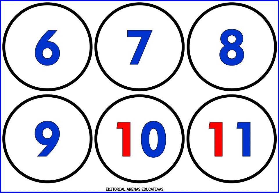 Number flashcard sheet 2 of 9: numerals 6, 7, 8, 9, 10, and 11, with red tens digits and blue ones digits