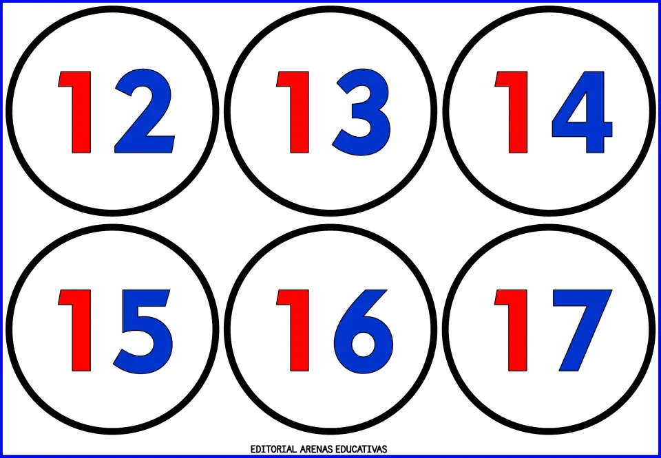 Number flashcard sheet 3 of 9: numerals 12, 13, 14, 15, 16, and 17, with red tens and blue ones digits