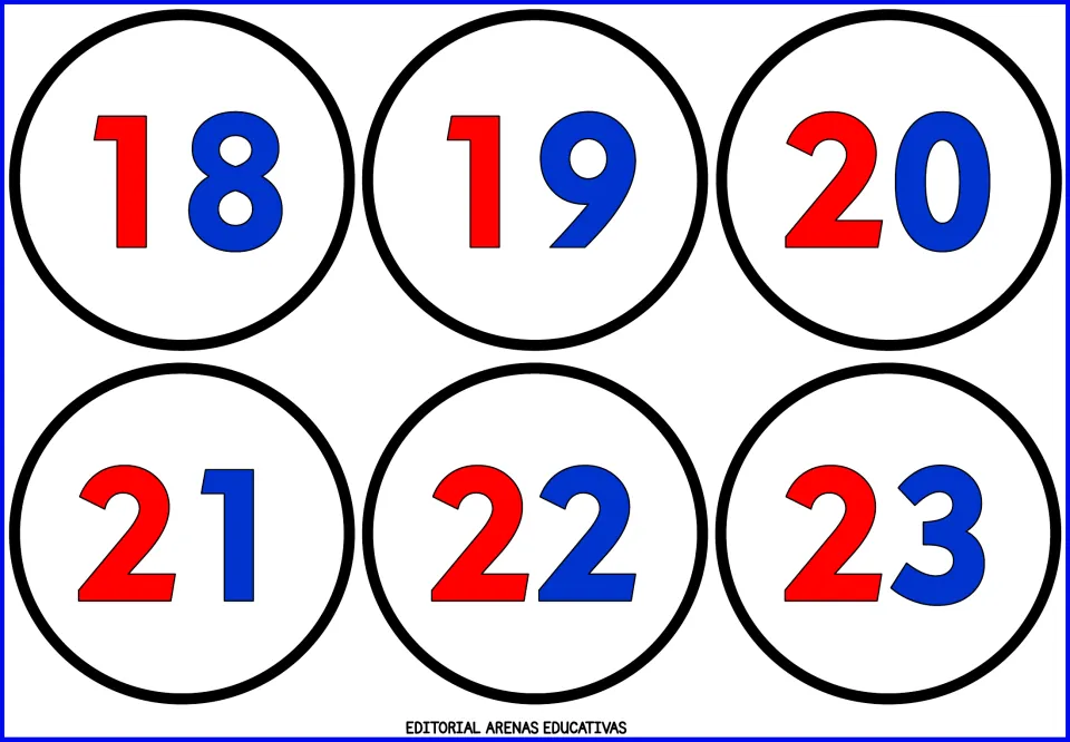 Number flashcard sheet 4 of 9: numerals 18, 19, 20, 21, 22, and 23, with red tens and blue ones digits