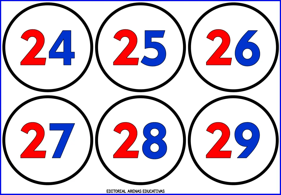Number flashcard sheet 5 of 9: numerals 24, 25, 26, 27, 28, and 29, with red tens and blue ones digits