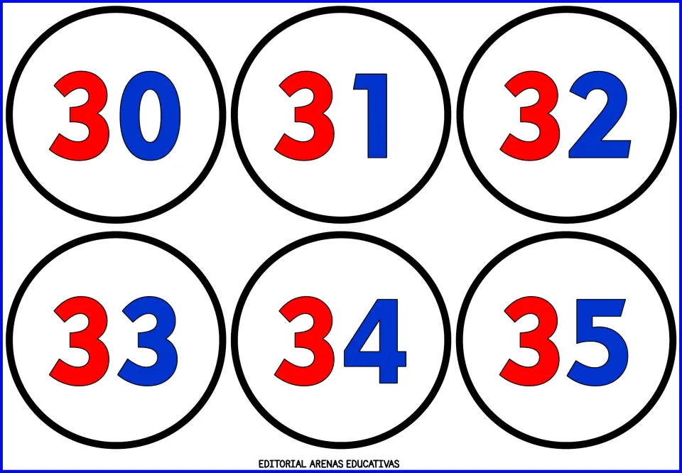 Number flashcard sheet 6 of 9: numerals 30, 31, 32, 33, 34, and 35, with red tens and blue ones digits