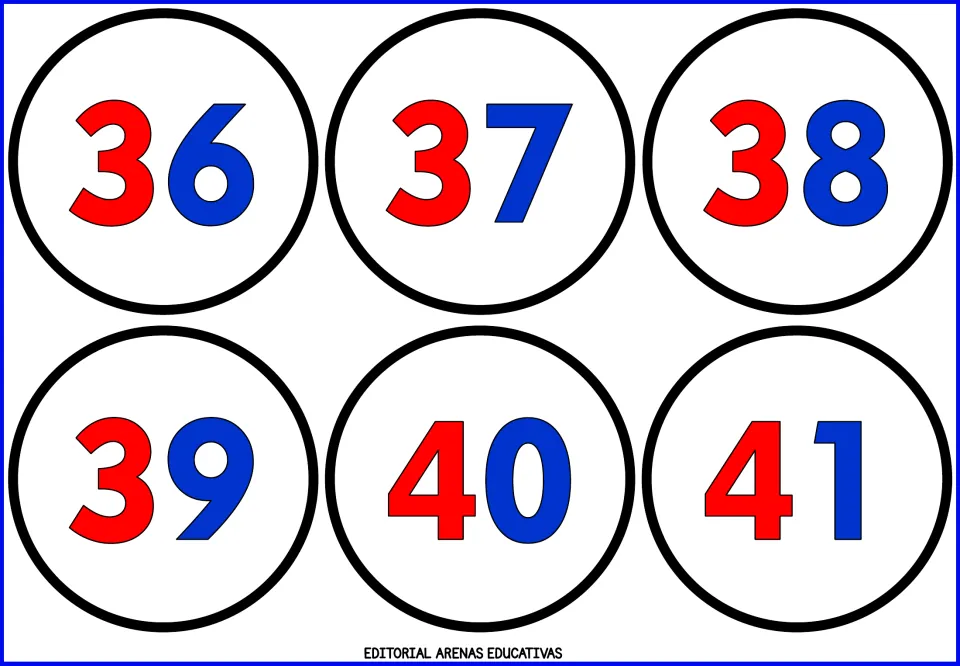Number flashcard sheet 7 of 9: numerals 36, 37, 38, 39, 40, and 41, with red tens and blue ones digits