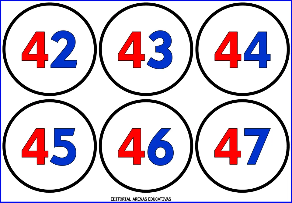 Number flashcard sheet 8 of 9: numerals 42, 43, 44, 45, 46, and 47, with red tens and blue ones digits