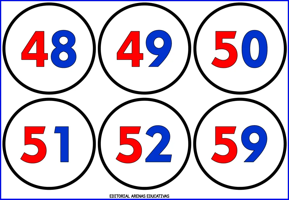 Number flashcard sheet 9 of 9: numerals 48, 49, 50, 51, 52, and 59, with red tens and blue ones digits