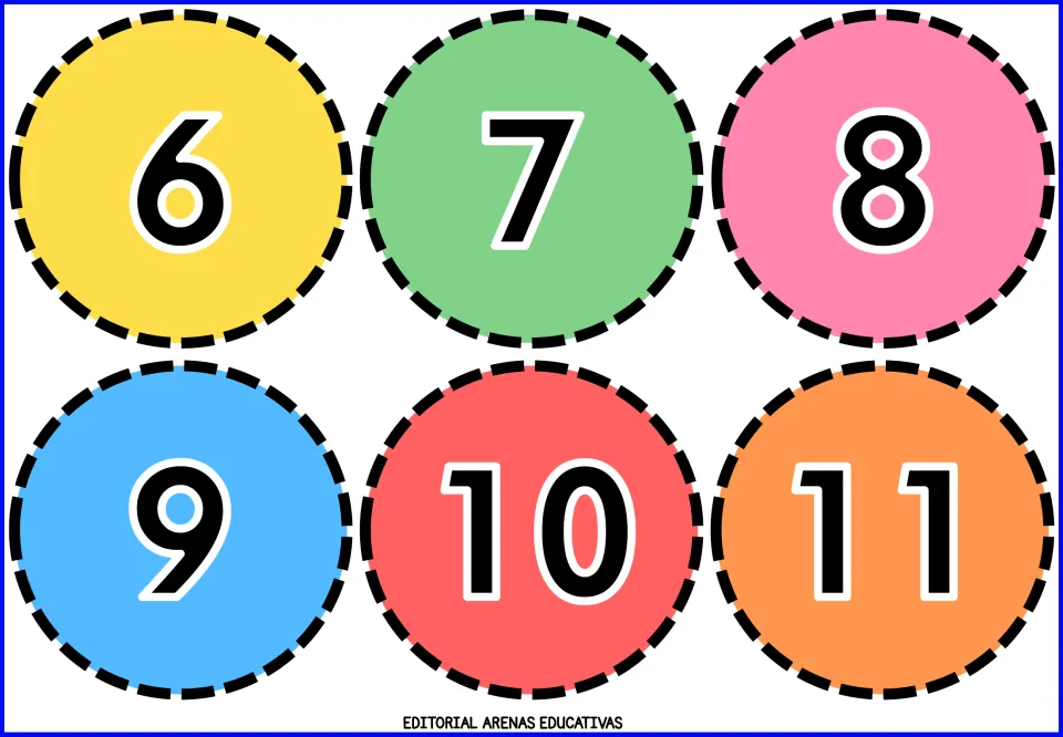 Number flashcards 6, 7, 8, 9, 10 and 11, each printed on a colored circle as part of the cut-out set