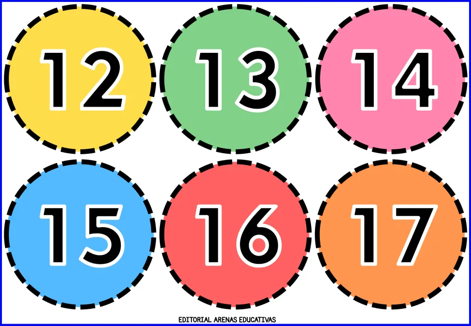 Number flashcards 12, 13, 14, 15, 16 and 17, each printed on a colored circle as part of the cut-out set