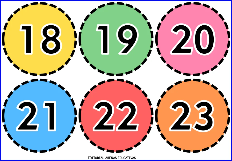 Number flashcards 18, 19, 20, 21, 22 and 23, each printed on a colored circle as part of the cut-out set