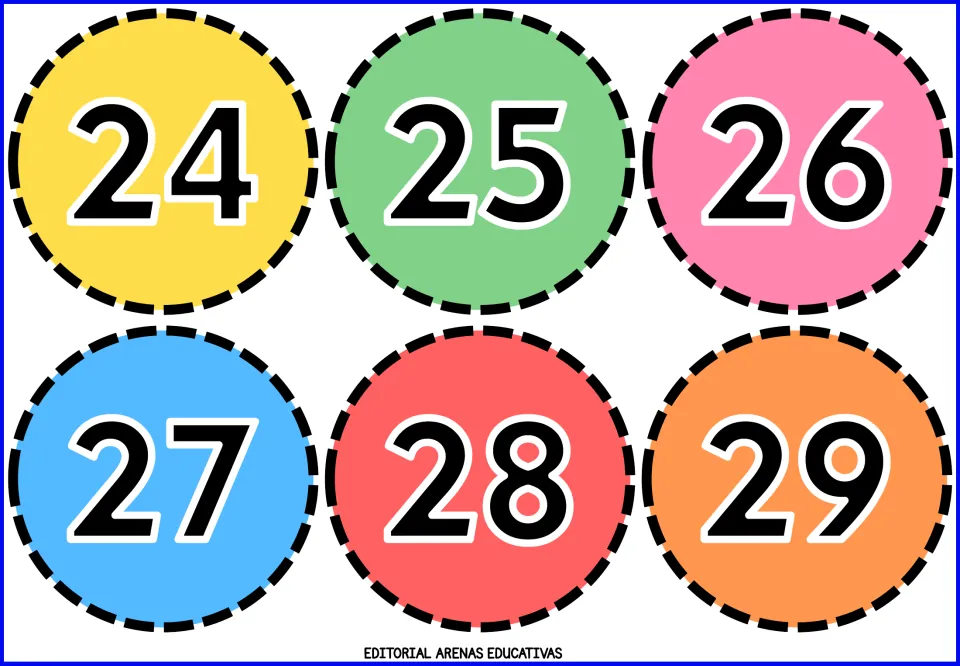Number flashcards 24, 25, 26, 27, 28 and 29, each printed on a colored circle as part of the cut-out set