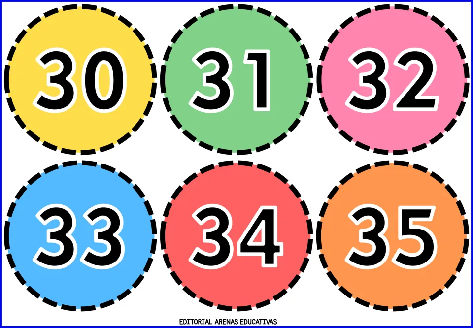Number flashcards 30, 31, 32, 33, 34 and 35, each printed on a colored circle as part of the cut-out set