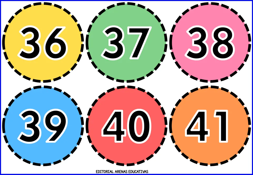 Number flashcards 36, 37, 38, 39, 40 and 41, each printed on a colored circle as part of the cut-out set
