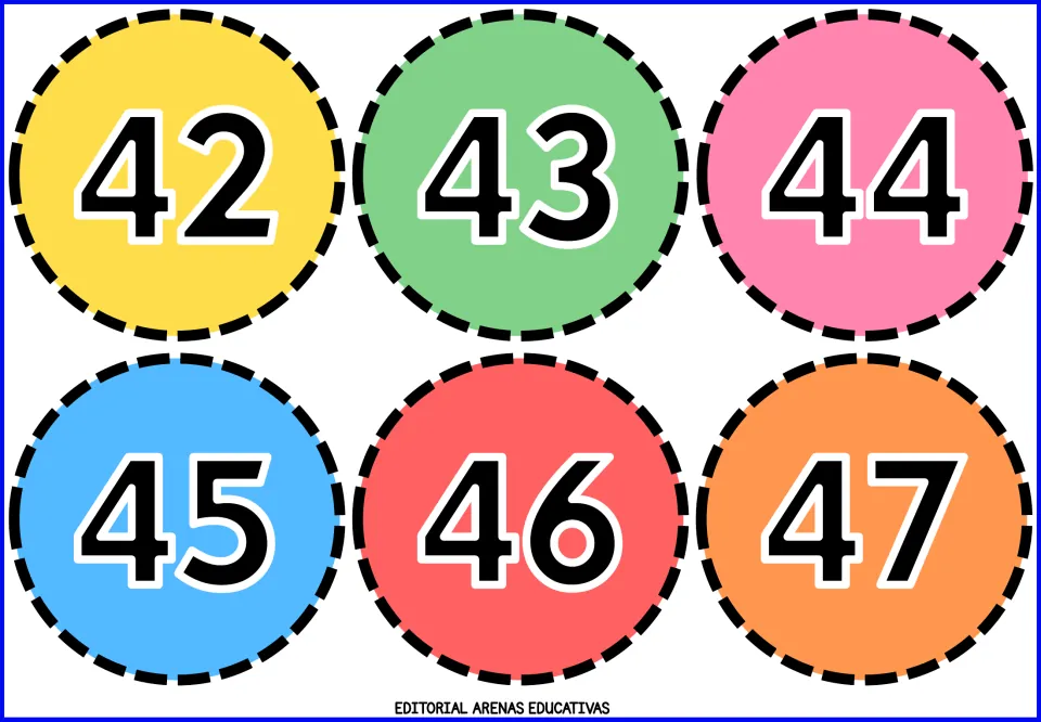 Number flashcards 42, 43, 44, 45, 46 and 47, each printed on a colored circle as part of the cut-out set