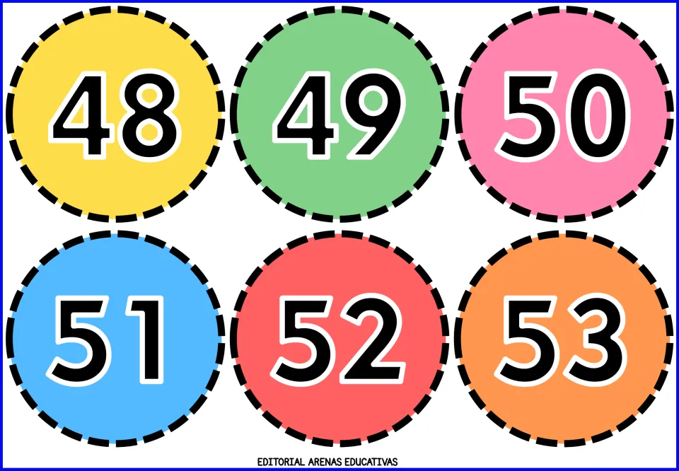 Number flashcards 48, 49, 50, 51, 52 and 53, each printed on a colored circle as part of the cut-out set